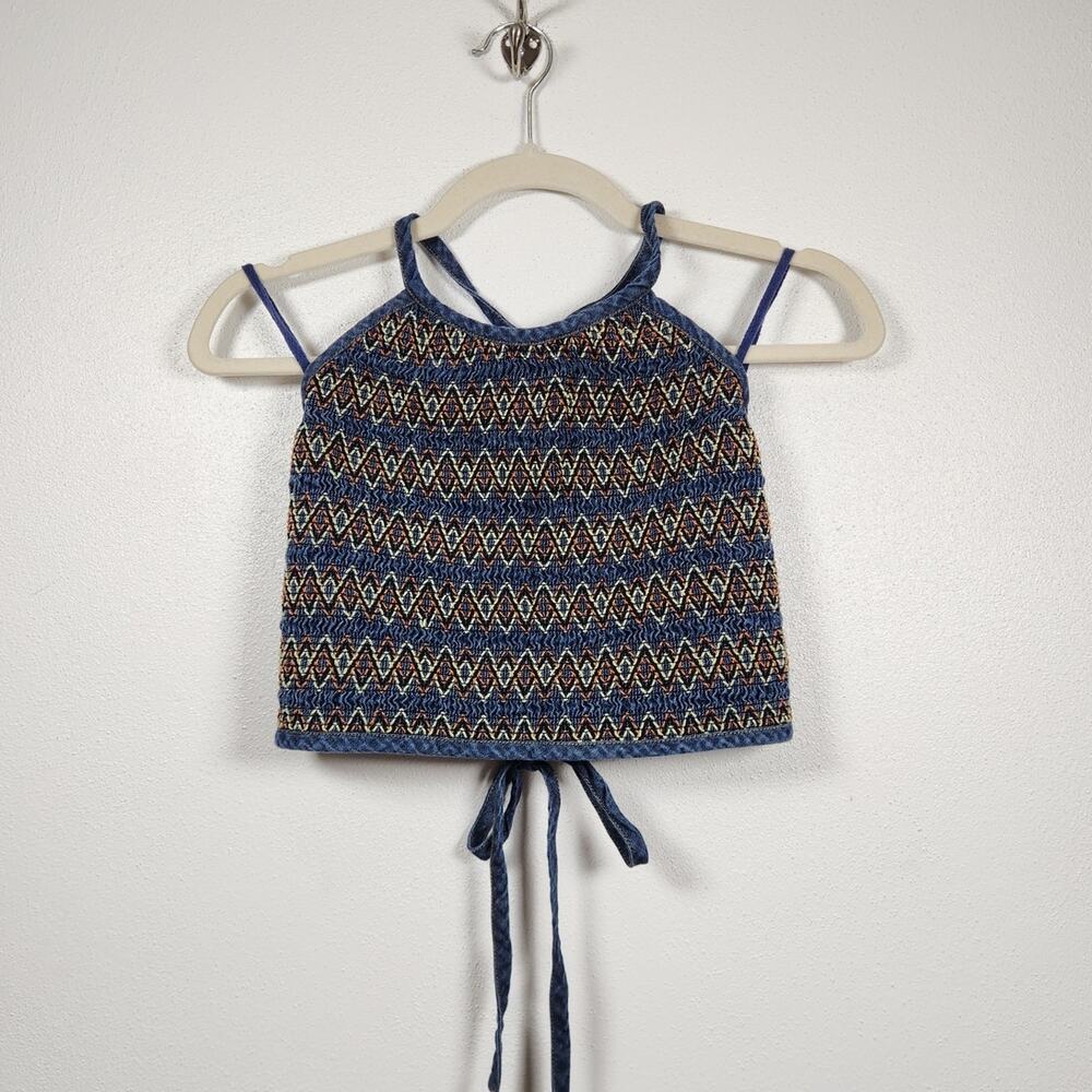 Vintage Express Blues Halter Tie Back Shirt Top Boho Whimsy Country Western LG